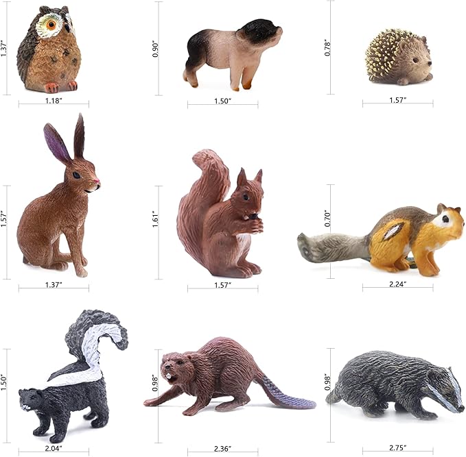 SIENON 18Pcs Forest Animals Figures Toys, Baby Woodland Animals Figurines, Miniature Animals Toys with Owl Hedgehog Fox Squirrels Bear Monkey Deer Wolf for Woodland Theme Cake Cupcake Toppers