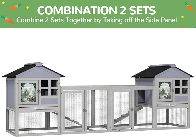 48" L Rabbit Cage Bunny Hutch Outdoor Indoor, Expandable 2-Story Large Wooden Small Animal Cage with Run, Removale Tray, Top-Opening Waterproof Roof, 2 Doors, DIY Drawing Board, Grey