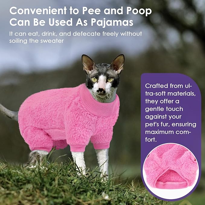 SUNFURA Sphynx Hairless Cat Sweater, Full Body Warm Fleece Sweaters with Sleeves for Cats, Soft Turtleneck Cat Clothes, Cozy Pullover Pajamas for Hairless Cats Devon, Donskoy & Small Dogs, Hot Pink M