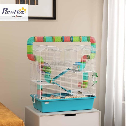 PawHut 4 Tier Hamster Cage, Large Twin Tower Design Gebril Cage with Exercise Wheel, Tubes, Hut, Ramps, Food Dish, Water Bottle, 22.8" x 14.2" x 25.6", Light Blue