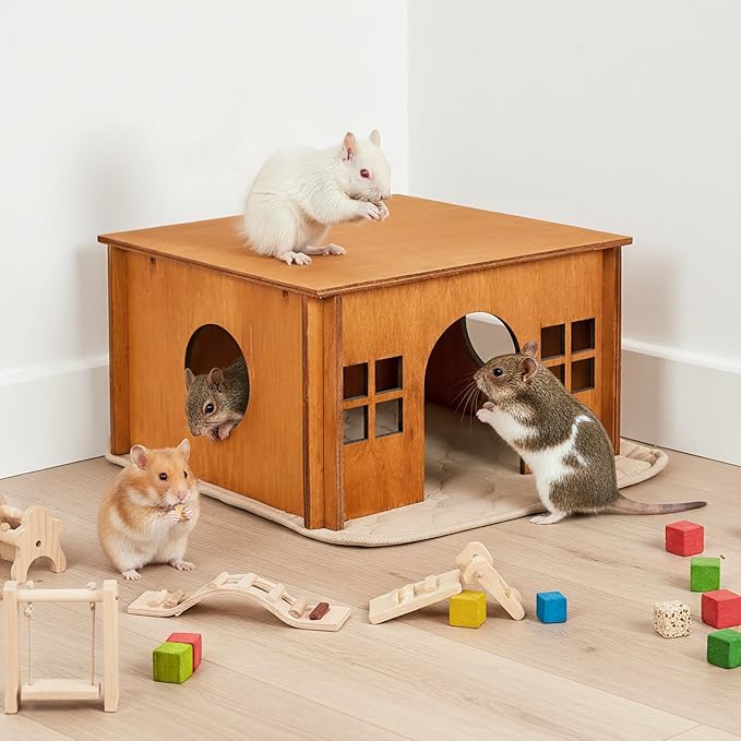 Upgraded Guinea Pig Hideout, Brown Chinchilla House with Windows, Hamster Cage Accessories for Small Animal Houses & Habitats, Wood Hamster Hideout with Cushion, Guinea Pig House for Rabbit, Hedgehog