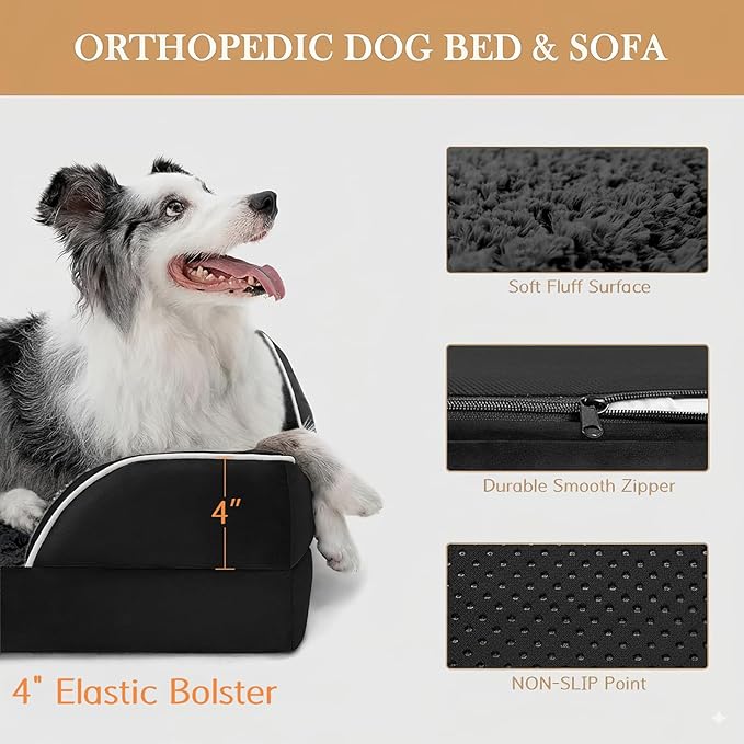 Comfort Expression Medium Dog Beds Waterproof Orthopedic Foam Dog Sofa Beds for Medium Large Dogs Comfy Pet Bed with Washable Removable Cover & Non-Slip Bottom(Medium,Black)