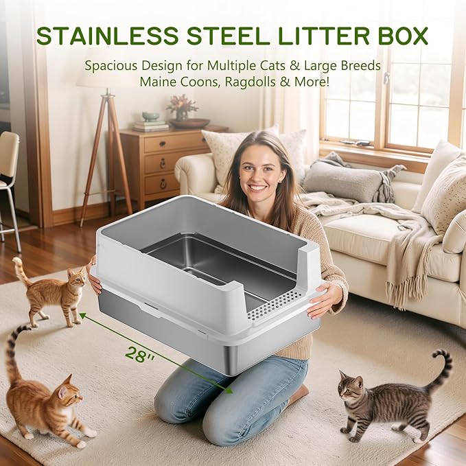 Stainless Steel Litter Box - 28" Extra Large XXXL Cat Litter Box with High Sides, Non-Sticky & Anti-Leakage for Big Cats/Multiple Cats, Includes Heavy Duty Metal Scoop, Grey