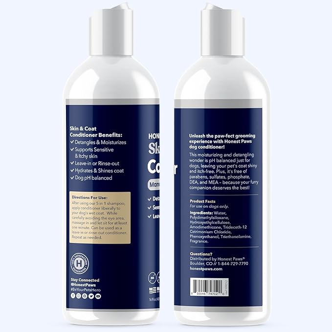 Honest Paws Dog Conditioner - Detangle & Moisturize - Premium Pet Conditioner for Itchy and Dry Skin - Hydrate Sensitive Skin - Shiny Coat Soft Hair Smooth Fur - Mandarin & Berry - 16oz