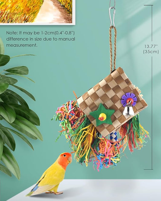 Bissap Bird Chew Toys, Parrot Foraging Shredder Natural Palm Frond Hanging Cage Toy for Conure Lovebird Budgie Cockatiel African Gray Cockatoos Amazon and Similar Sized Pet Birds - Flat Square