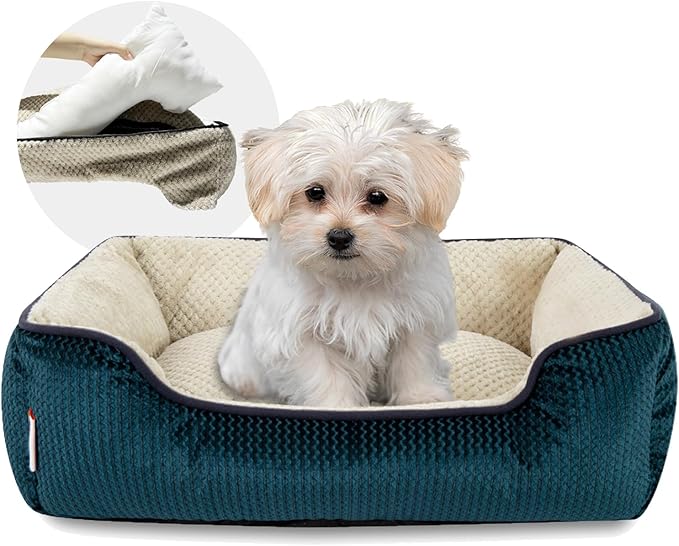 Miguel Small Dog & Cat Bed, Washable Removable Cover, Square, Cuddle Rectangle Pet Bed with Side Bolster, Blue, 20 Inch