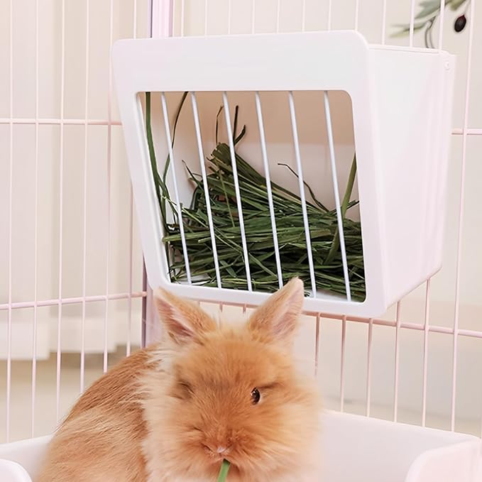 Hanging Rabbit Hay Feeder with Lid - No Waste Slow Feed Hay Rack for Rabbits, Guinea Pigs & Small Pets - Sturdy White Design, Easy to Fill & Clean, Cage Mounted Bunny Hay Holder (Iron mesh Style)