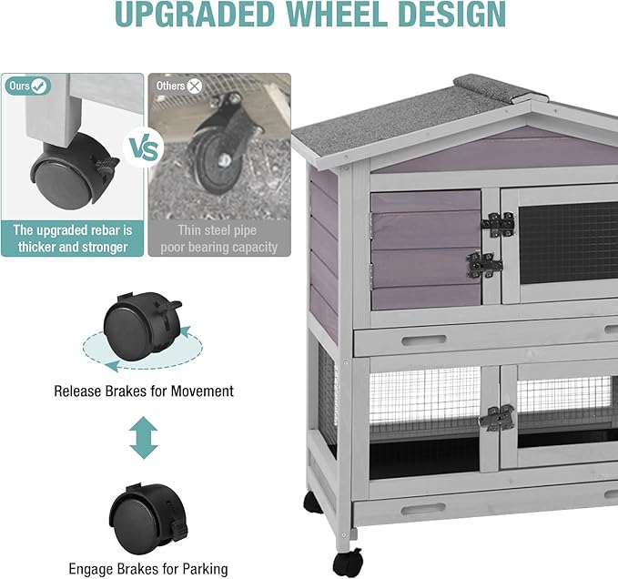 Indoor Rabbit Hutch with Pull-Out Tray, Weatherproof Rabbit Cage for Outdoor/Indoor Use, Bunny Hutch Chicken Coop with Run (Grey)