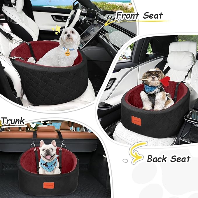 Dog Car Seat for Small Dogs Up to 30 Lbs,Ultra Soft Fabric Fill in Comfy Memory Foam,Happy Pet Ride,2 Safety Dog Leashes,Fully Detachable and Washable,Anti Slip Base(Black/Red)