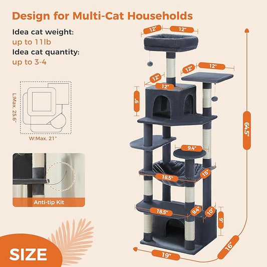 64.5-inch Plush Cat Tree for Indoor Cats with Large Metal Frame Hammock - Multi-Level Cat Tower with 2 Top Perches, 2 Condos, 7 Scratching Posts & Pompoms, Sturdy Pet House Toys, Dark Grey