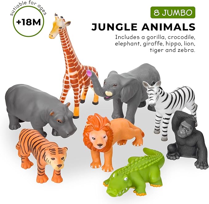 Learning Minds Set of 8 Jumbo Safari Animals Figures - Zoo Animals for Toddlers 1-3 - Jungle Animals Figures - Toy Animals for Kids Age 18 Months Plus - Animal Toys for Kids 1,2,3 Years Old