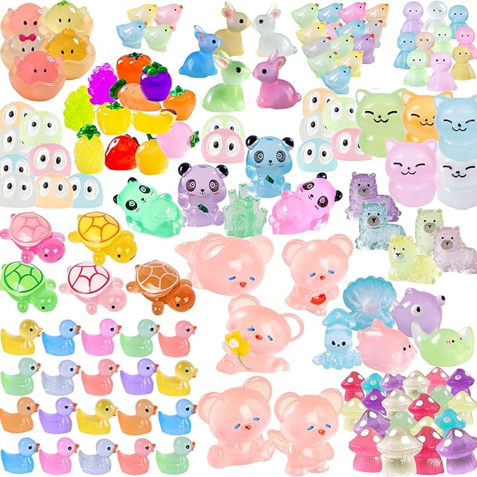 Luminous Mini Resin Animals - 138 Pcs Tiny Animals Mini Ducks Tortoise Rabbit Panda Mushroom Fruits Seashells Set Figurines Glow in The Dark Garden Miniatures Fairy Garden Accessories (138)