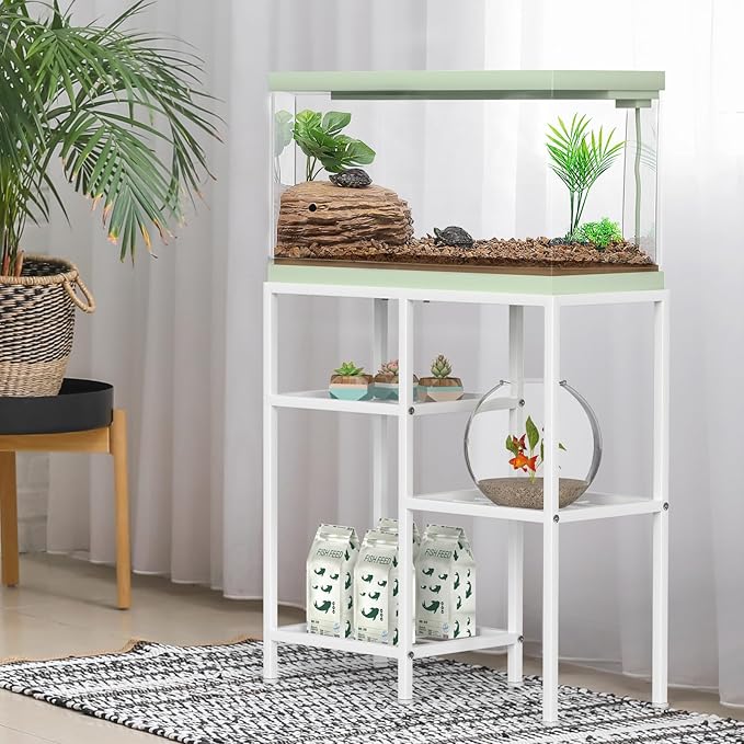 YBING Fish Tank Stand 20 Gallon Aquarium Stand Aquarium Turtle Tank Reptile Tank Stand with 3-Tier Small Metal Shelf (White)