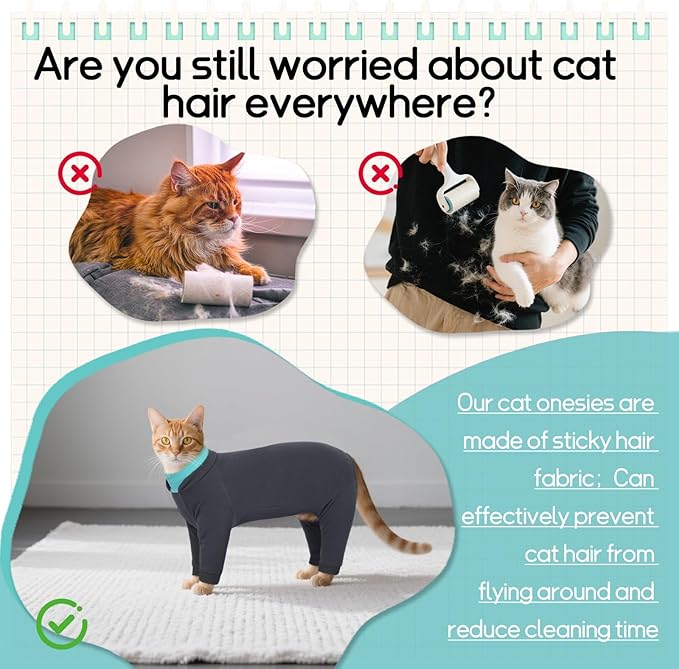 T'CHAQUE Sticky Hair Cat Onesie - Soft Long Sleeve Cat Pajamas, Anti-Shedding,Surgery Recovery Suit, Wound Protection & Preventing Licking, Kitten Sweaters for Male Female, Darkgray-L