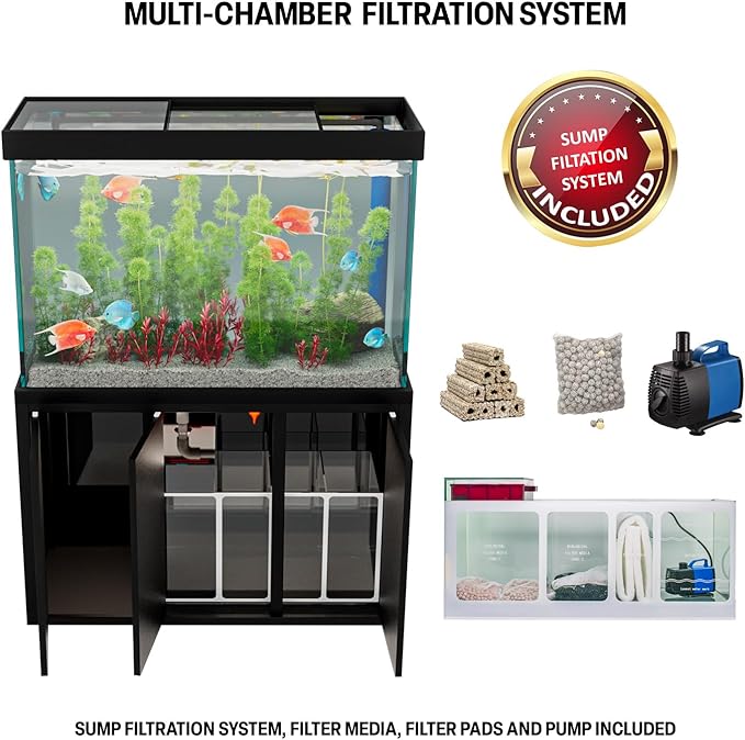 175 Gallon Aquarium Fish Tank with Upright Fishtank Stand Water Pump Freshwater Filter LED Bundle and Straight Corners Clear Glass - All Black