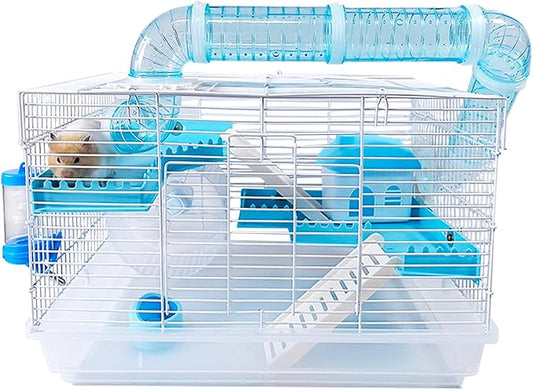 Tfwadmx Dwarf Hamster Cage Small Hamster Habitat Mouse Home Small Animal Cage with Tube Exercise Wheel Hut Rat Habitat for Gerbils Mice 18.5“x11.8”x11.8“ Transparent/Blue
