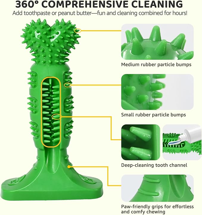 Dog Chew Toy for Teeth Cleaning, Natural Rubber Toothbrush Stick with 360° Bristles, Durable Dog Toys for Aggressive Chewers, Interactive Dental Toy for Medium and Large Dogs (Green)