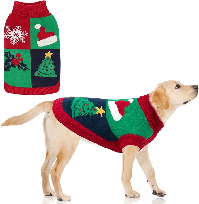 KOOLTAIL Christmas Sweater, Cold Weather Knitted Turtleneck Pullover for Dogs, Red Green Color Design Sweatshirt, Thick Warm Winter Clothes for Small Medium Large Dogs Boys Girls, XL