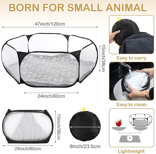 Hamster Playpen with Mat Small Animal Cage Tent Breathable Transparent Guinea Pig Playpen Waterproof Portable Yard Fence Mat Foldable Exercise Playpen Outdoor Indoor (Black,Star)
