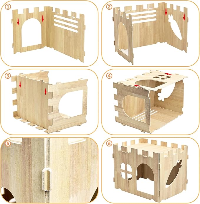Fhiny Wooden Guinea Pig Hideout, Detachable Bunny Castle with 4 PCS Timothy Hay Chew Toys Guinea Pig Play Hideaway Cage Accessories for Indoor Rabbit Chinchilla Hedgehog Hamster Habitat