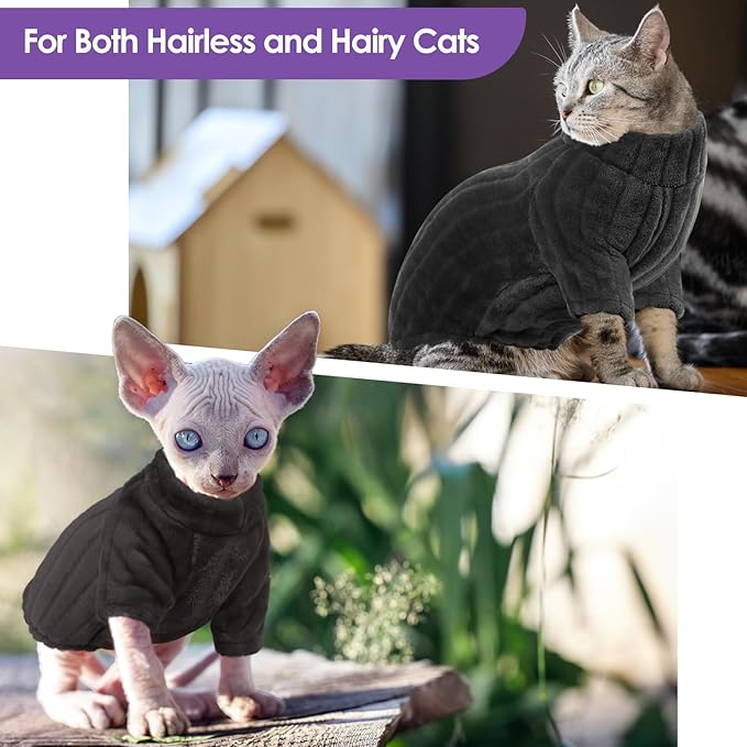 SUNFURA Sweaters for Cats, Hairless Sphynx Sweater Kitten Pullover with Sleeves, Warm and Soft Cat Pajamas Fleece Sweatshirt Jumpsuit, Turtleneck Clothes for Fall Winter, Grey M