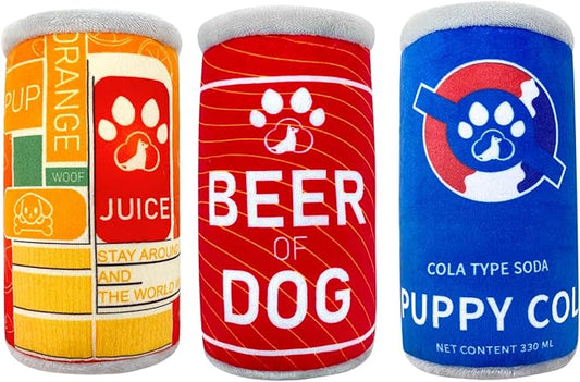 Plush Squeaky Dog Toy - Dog Beer Shape Interactive Chew Toy for Small/Medium/Large Dogs, Stuffed Funny Dog Can Toys, Ideal for Indoor Home Play & Outdoor Activities, Puppy Birthday Gift (3 Pack)