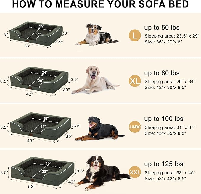 Orthopedic XXL Dog Bed for Extra Large Dogs, Waterproof Memory Foam Dog Beds with Sides, Egg-Crate Foam and Non-Slip Bottom Dogs Couch Beds with Washable Removable Cover(XX-Large,Dark Green)
