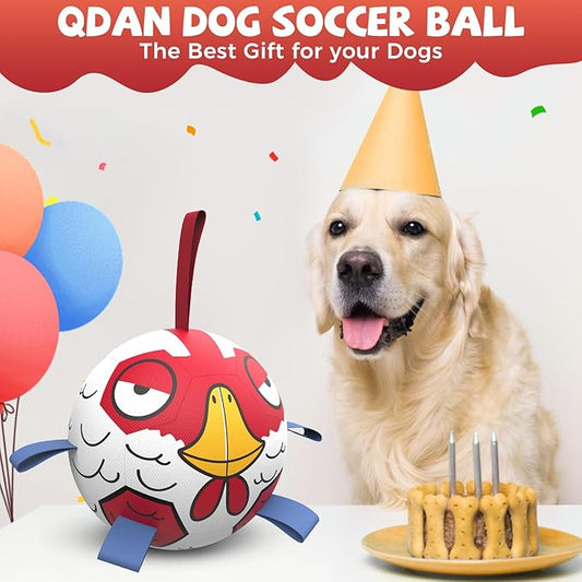 Qdan Chicken Dog Soccer Balls with Straps, Durable Dog Toys for Tug of War, Birthday Gift, Water Toy (8 Inch)
