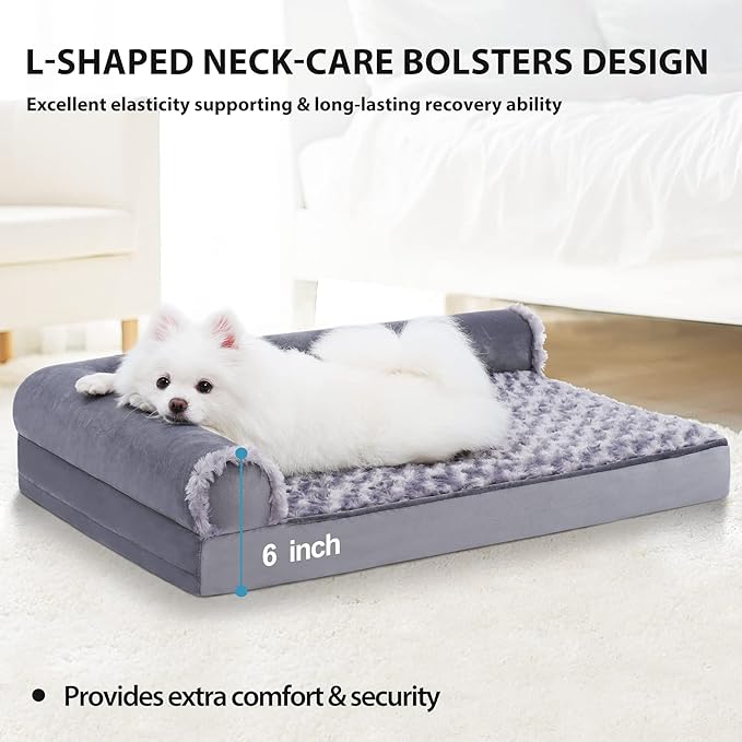 MIHIKK Orthopedic Dog Couch Bed Deluxe Plush L-Shaped with Waterproof Lining Bolster Dog Sleeping Sofa with Removable Washable Cover & Nonskid Bottom Pet Bed for Small Dogs, Gray