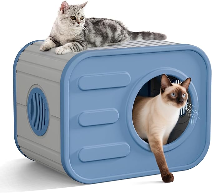 Outdoor Cat House, Outside Cat Shelter with Dual Ventilation Waterproof Resin Pet House for Indoor and Outdoor Use Shelter Pet Home for Cats Small Dogs, Blue