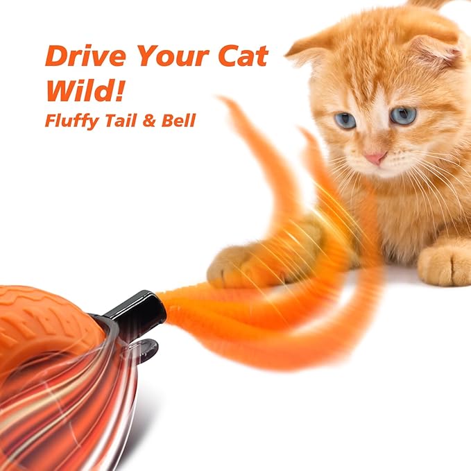 Interactive Cat Toy for Indoor Cats, Speedy Ball with Tail, Automatic Moving Cat Balls for Bored Indoor Adult Cats, 360°Automatic Rolling Ball Toy, Two Speed Adjustment（Orange）