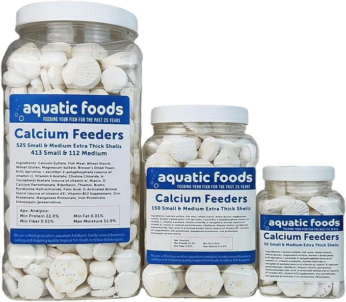 Aquatic Foods Inc. Calcium Feeder Small & Medium Shells. Extra Thick Shells for Shrimp, Snails, Crabs, Crayfish, Hermit Crabs and All Tropical Fish…150 Count Jar