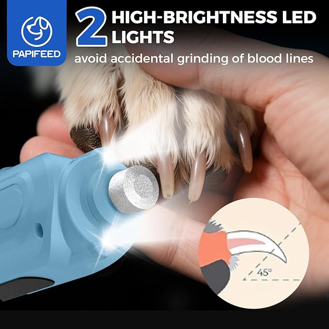 PAPIFEED 6-Speed Dog Nail Grinder Quiet, Silent Groom Pro with 2 LED Lights & Dust-Proof Cover, Nail Grinder for Large/Medium/Small Dogs & Cats, Rechargeable Type-C Charging - Blue