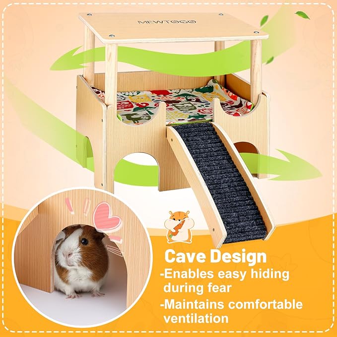 Large Wooden Guinea Pig Hideout - 2 Tierd Sturdy Guinea Pig House Castle, Small Animal Bed with Stairs, Easy to Install for Hamsters Chinchillas Bunny Playing Hiding