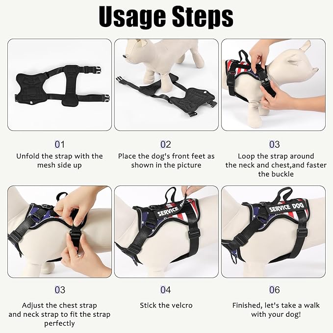 Demigreat Service Dog Harness, Reflective Dog Vest Harness with 5 PCS Patches, Adjustable Soft Oxford Pet Harness, Inner Layer Mesh, Easy to Control for Dogs (USFLAG, X-Small (Pack of 1))