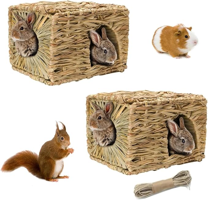 Hamiledyi 2 Pcs Grass House for Rabbit Natural Hand Woven Seagrass Play Hay Bed Foldable Woven Hideaway Hut Toy for Bunny Hamster Guinea Pig Chinchilla Small Animals