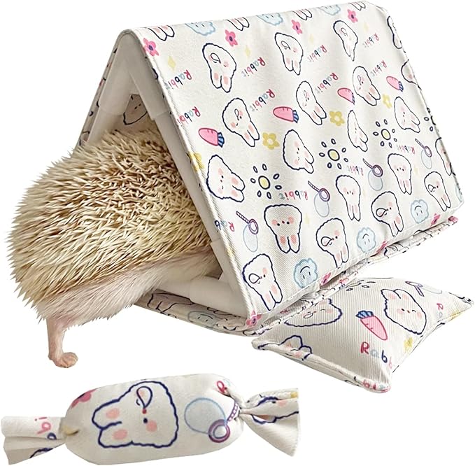 Portable Multi-Function Small Animal Bed Tents House Cave Habitat Hideout with Hidey Curtain for Hamster/Mice/Gerbil Rats/Hedgehog Nest Cushion Beds 2 Pillows
