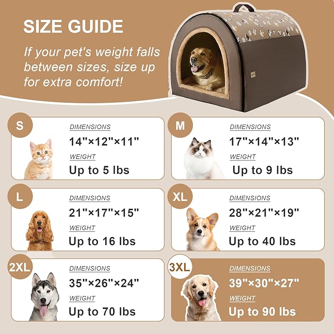 Jiupety 2 in 1 Dog House Indoor, Comfy Cave Bed Covered Dog Bed, Portable House for Large Dogs, 3XL(39"×32"×28"), Up to 90 Lb, Brown