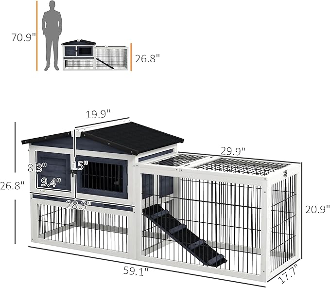 PawHut Rabbit Hutch Outdoor Indoor, 54" L Large Rabbit Cage with Waterproof Openable Roof, No-Leak Tray, Ramp, Run, for Bunnies, Guinea Pigs, Dark Gray