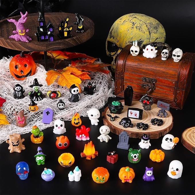 87 Pcs Halloween Mini Resin Figures 23 Styles Tiny Resin Animals Pumpkin Ghost Skull Miniatures Bulk for Halloween Party Favors Bag Fillers Garden Dollhouse Decor