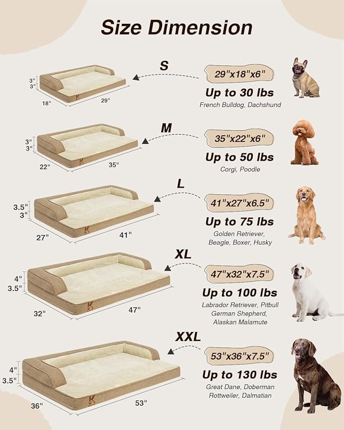 KSIIA Washable Dog Bed Large Sized Dog U-Shaped Bolster Pet Couch with Removable Waterproof Cover, Non-Slip Bottom and Egg-Crate Orthopedic Foam Pet Bed, 41 x 27 Inch, Brown