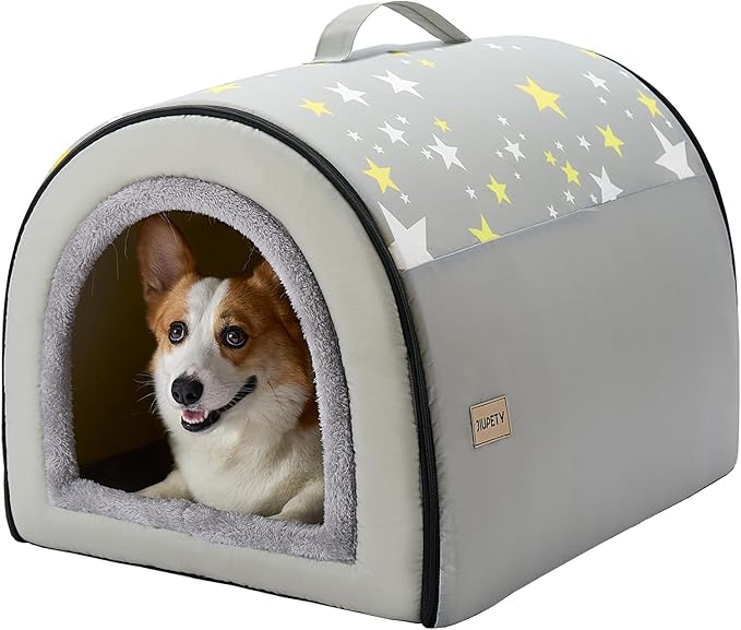 Jiupety Indoor Dog House, 2-in-1 Portable Foldable House Bed with Cover, Pet Tent & Cave Bed for Medium Dogs, XL(28"×21"×19"), Up to 40 Lb, Grey