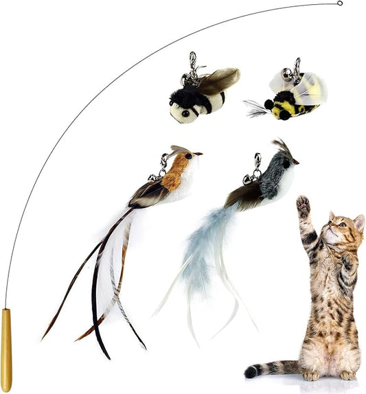 TTcat Interactive Bird and Insect Simulation Cat Toy Set with 4 Feather Refills, 29'' Flexible Steel Wire, Sturdy Wood Handle & Bell,Cat Wand Toys for Indoor Cat and Kitten.
