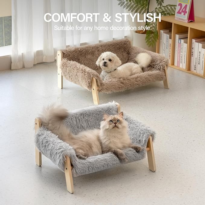 MEWOOFUN Cat Couch Bed, Pet Sofa for Indoor Cats Wooden Indoor Elevated Cat Beds with Removable Mattress Cover Suitable for Kitty, Puppy or Small Animal (Grey, Large)