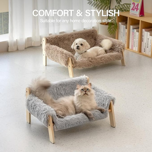 MEWOOFUN Cat Couch Bed, Pet Sofa for Indoor Cats Wooden Indoor Elevated Cat Beds with Removable Mattress Cover Suitable for Kitty, Puppy or Small Animal (Grey, Large)