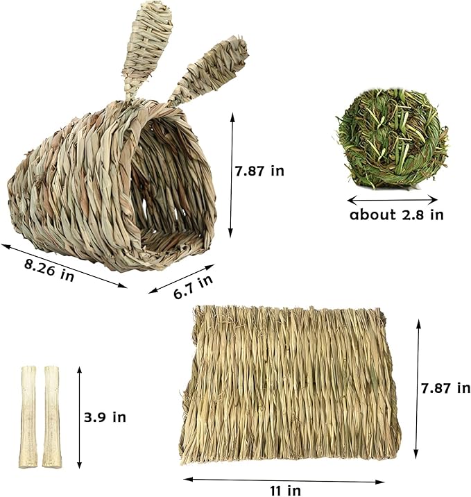 kathson Bunny Grass House Chew Toys Baby Rabbit Hideaway Hut Small Animals Grass Hideout Hand Woven Natural Hay Bedding for Guinea Pig Hamster Chinchilla