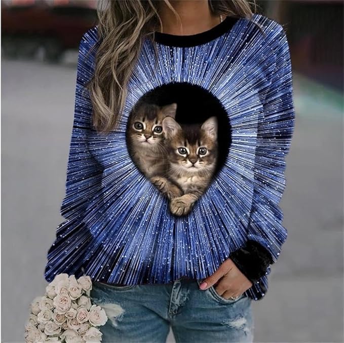 IVERIRMIN Women's 3D Cute Cat Print Sweatshirt Casual Long Sleeve Crewneck Cute Cat Pullover Loose Fit Shirts