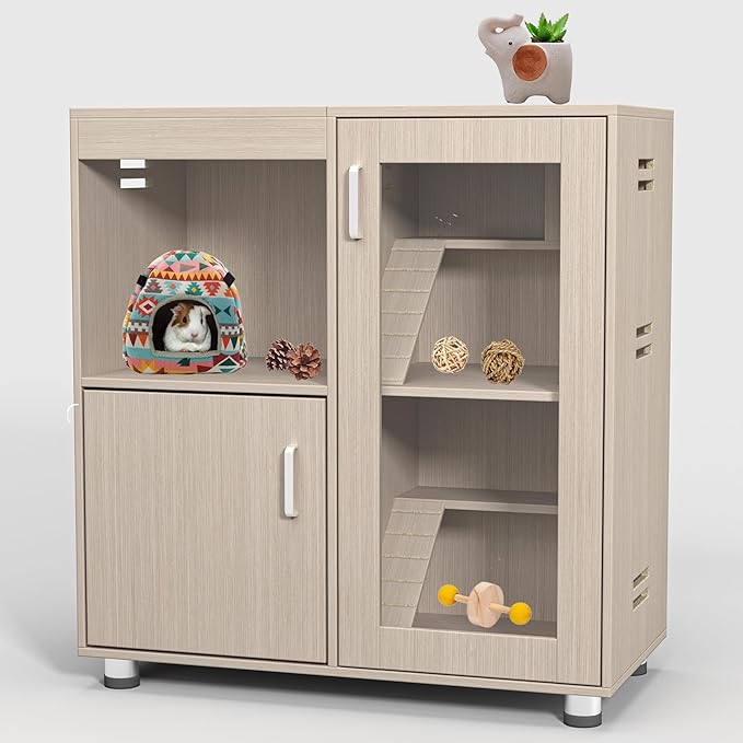 Guinea Pig Cages with Storage Cabinet, Wood Large Hamster Habitat,Hedgehog Cage with Acrylic Sheets and Openable Top,Small Animal Cage for Hedgehog Mouse Gerbil (Wood, 33.5 inch)