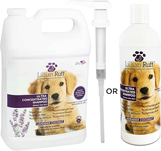 Lillian Ruff PRO Formula Ultra Concentrated Dog Shampoo – Makes 4 Gallons/30 Bottles, 30:1 Dilution, Professional Pet Shampoo for Sensitive Skin | Deodorizing & pH-Balanced Made in USA Gallon+Pump