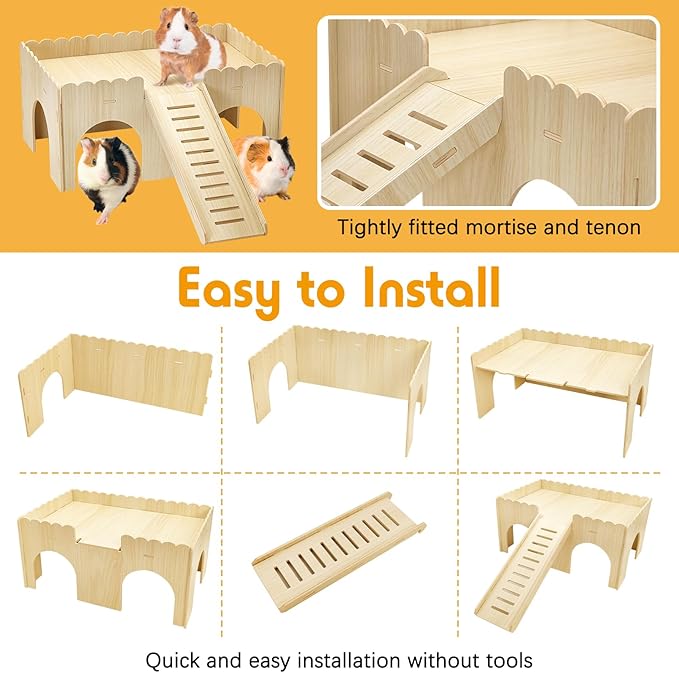 BNOSDM Large Wooden Guinea Pig Hideout with Ramp & Loft 2 Tier Detachable Cavy Castle 4 Door Upgraded Small Animal House Habitat Dwarf Rabbit Climbing Toy Accessories for Cage